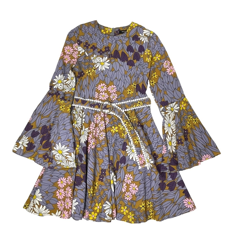 BEULAH STYLE Floral Dress Size S Bell Sleeve Fit & Flare Belted
